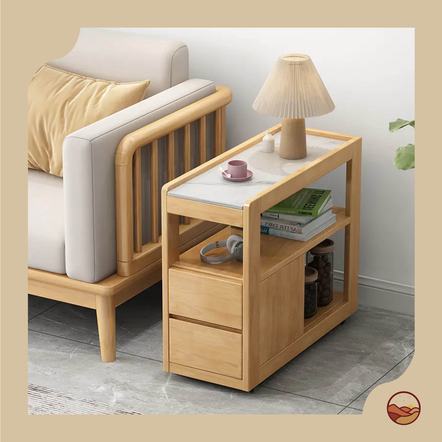 Solid Wood Side Table with Wheels